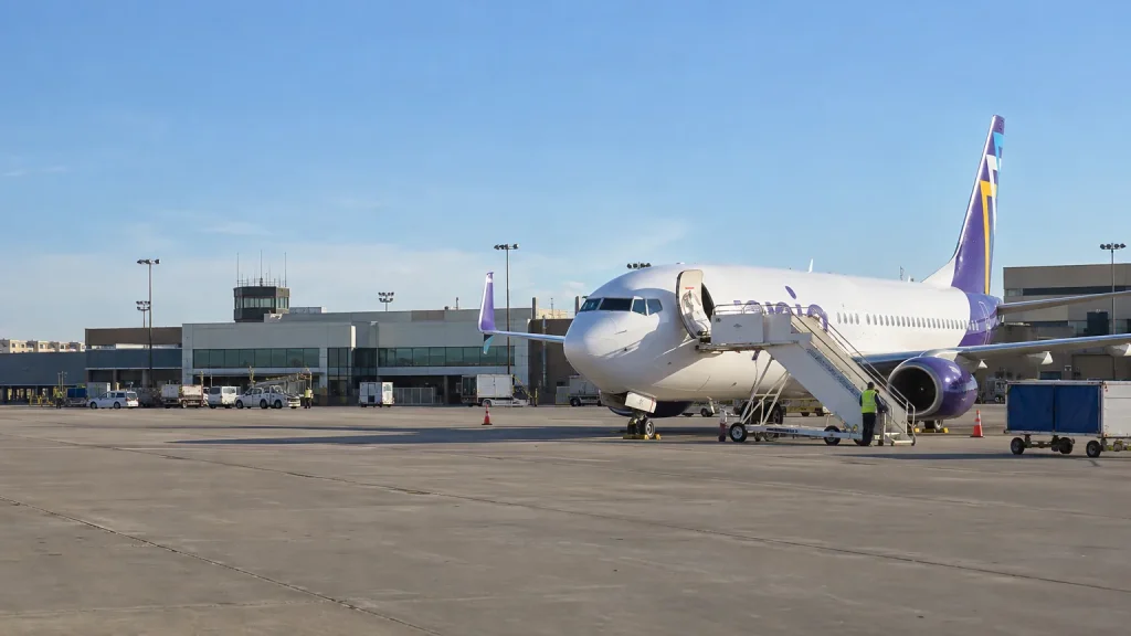 Avelo Airlines jet parked on an airport apron with mobile boarding stairs beside its forward door.
