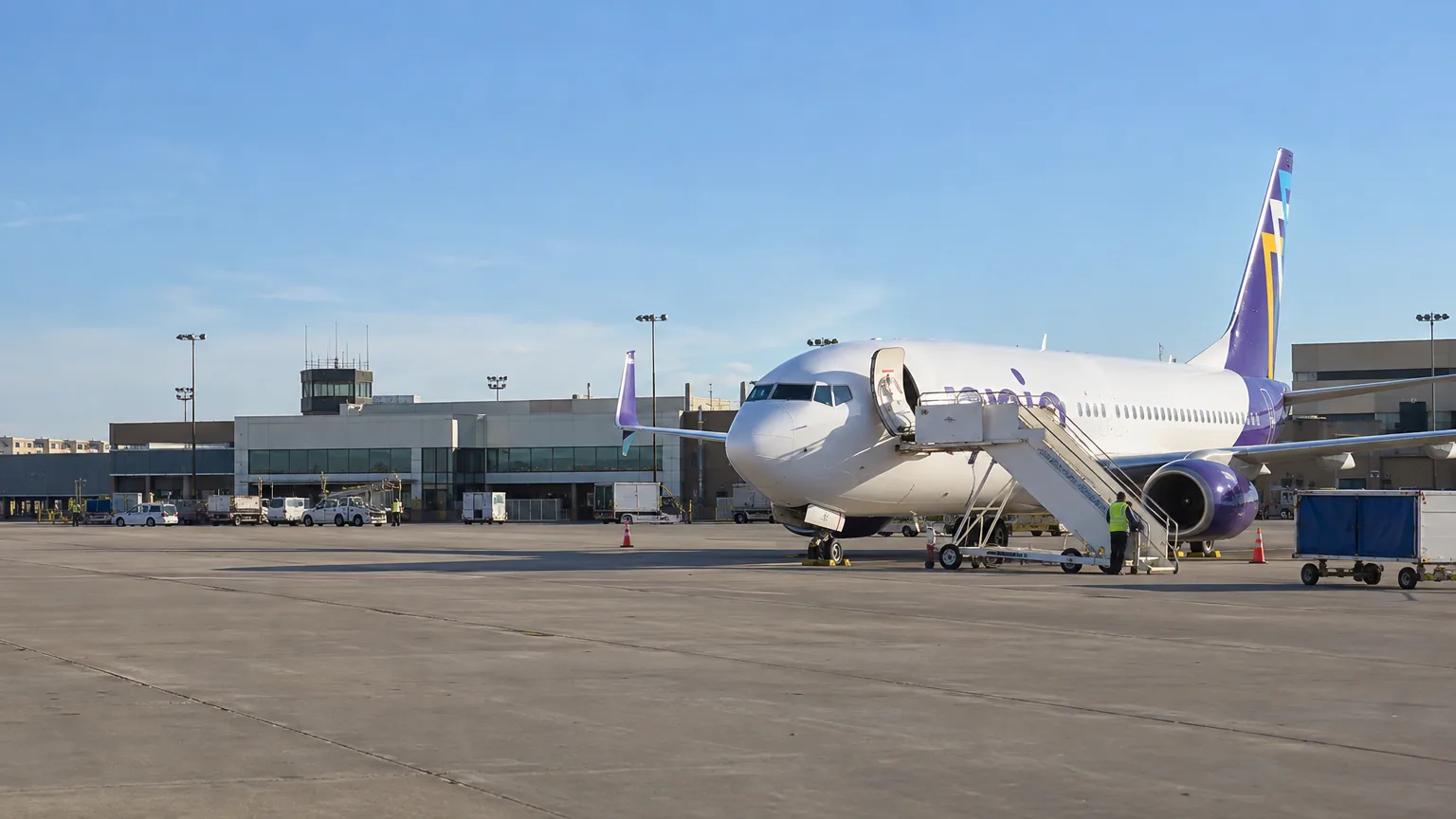 Avelo Airlines jet parked on an airport apron with mobile boarding stairs beside its forward door.