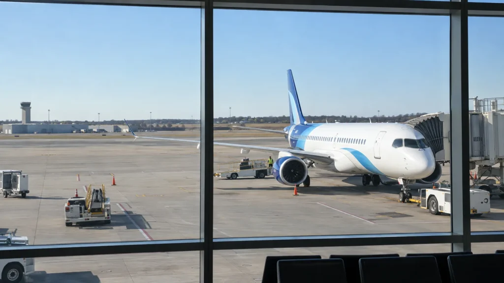 A Breeze Airways aircraft parked on the apron outside a regional airport terminal.