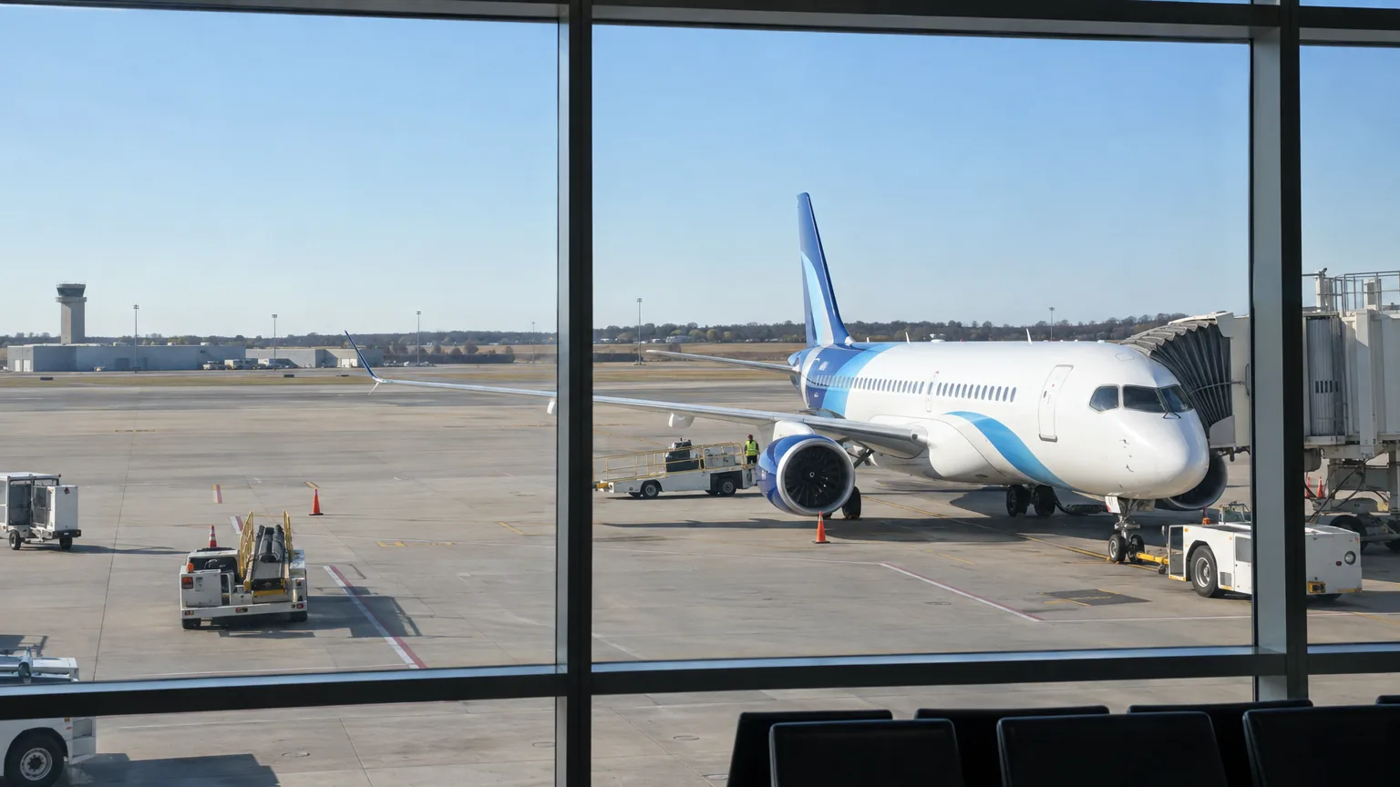 A Breeze Airways aircraft parked on the apron outside a regional airport terminal.