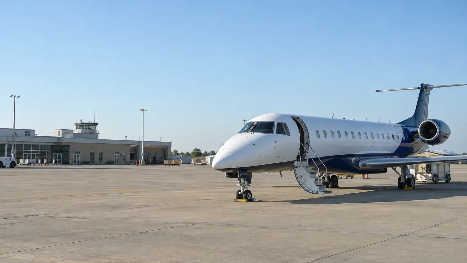 Contour Airlines regional jet parked beside a small airport terminal, with boarding stairs lowered.