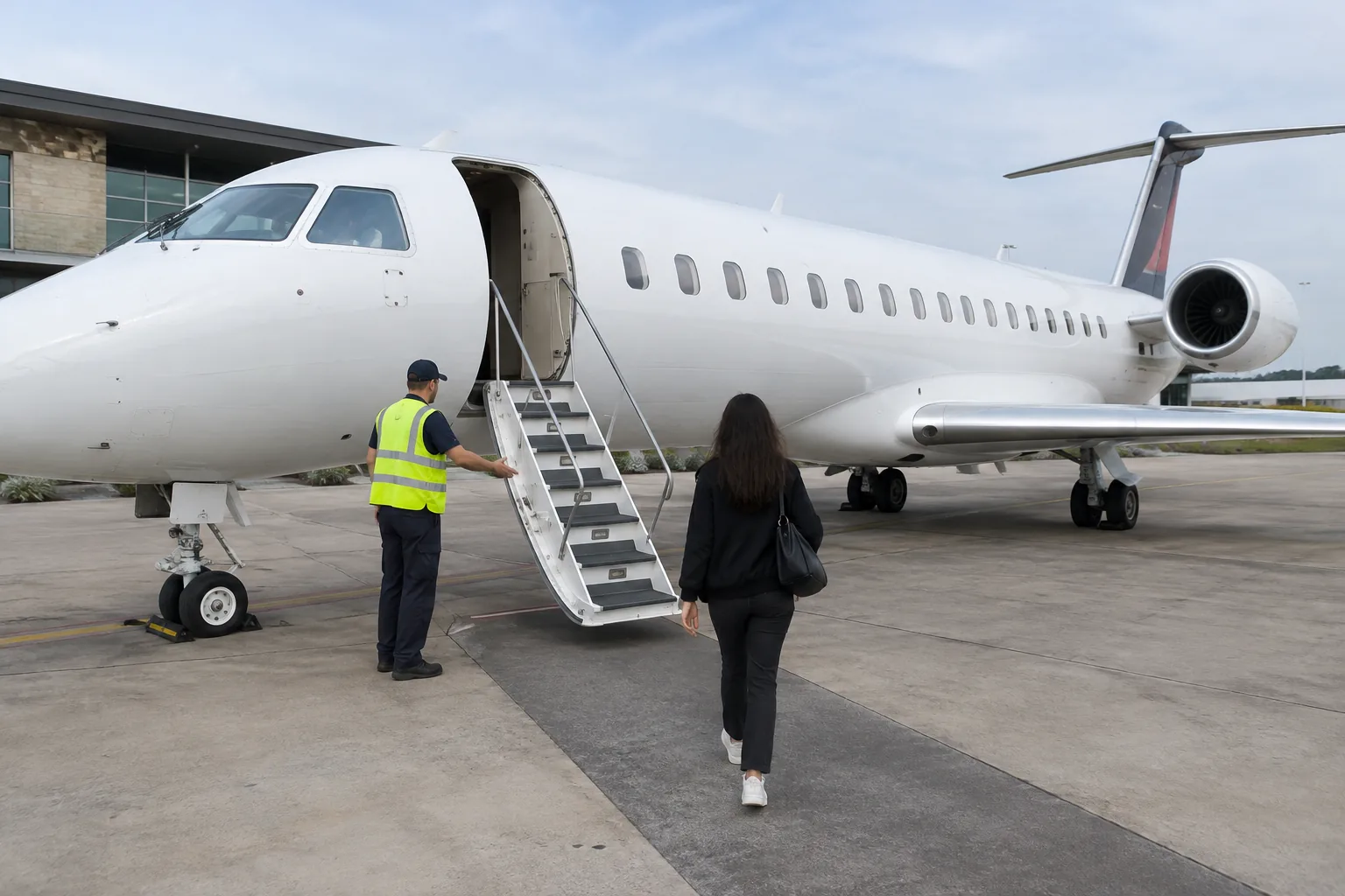 A passenger approaches the open boarding stairs of a JSX regional jet on the terminal apron.
