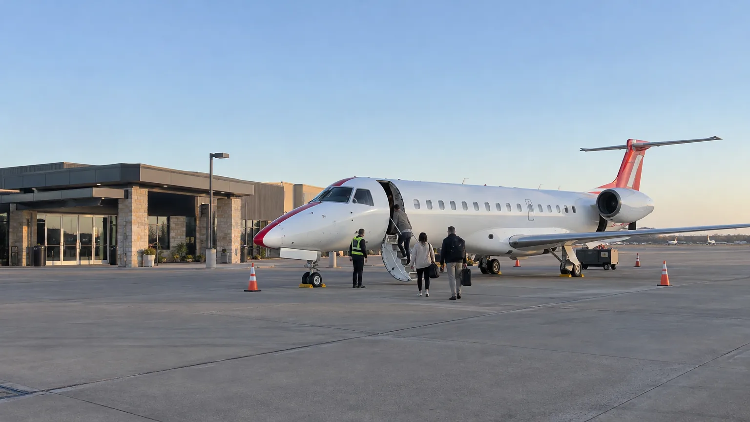 A white JSX regional jet with a red tail parked outside a low private-terminal building.
